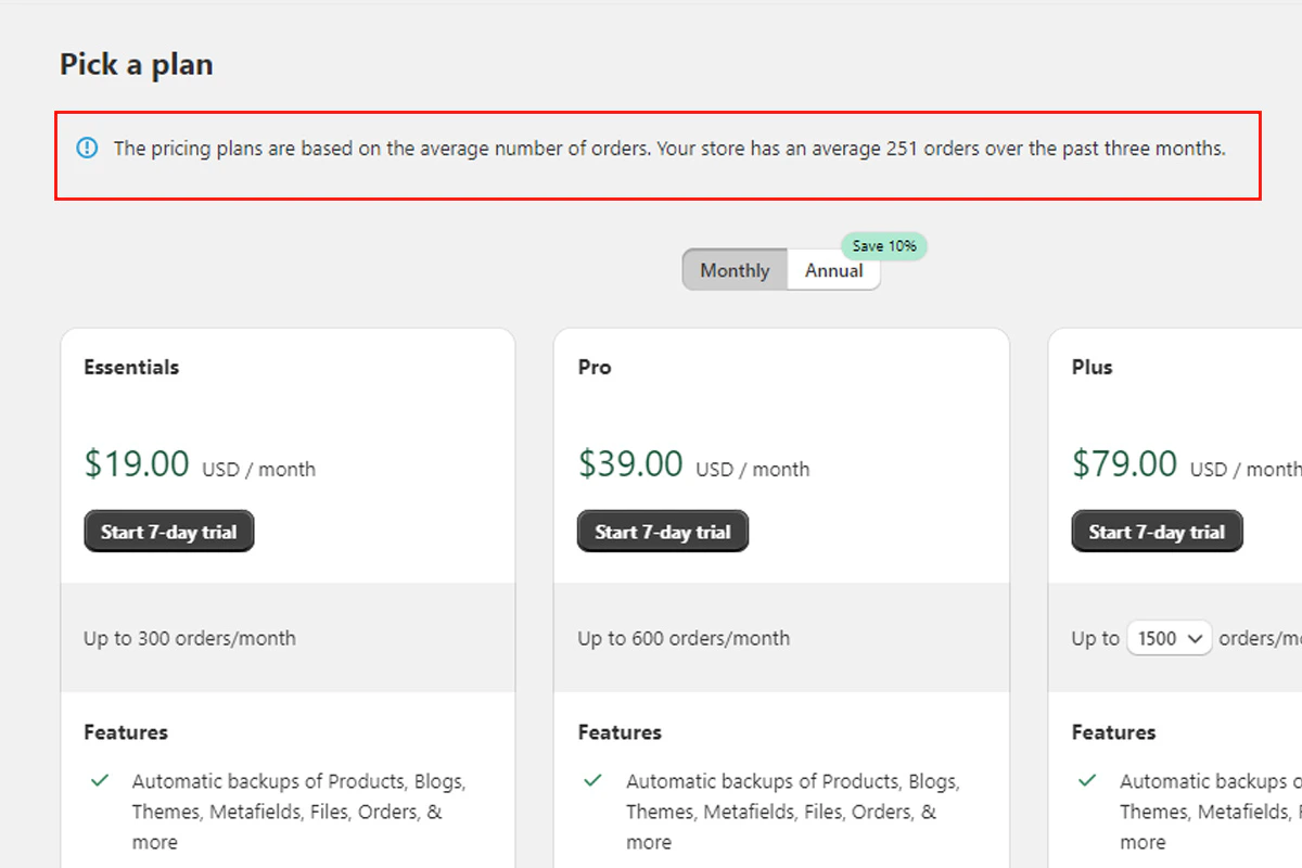 BackupMaster plan selection screen showing average order volume