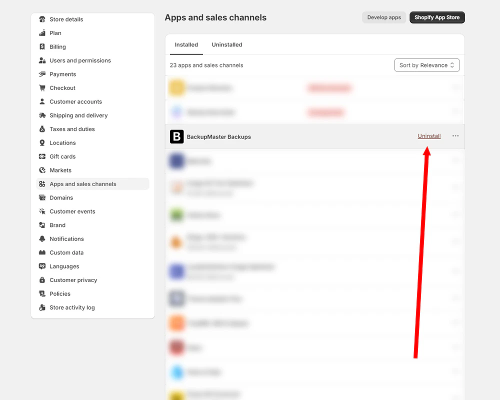 Uninstalling BackupMaster from Shopify Apps and sales channels