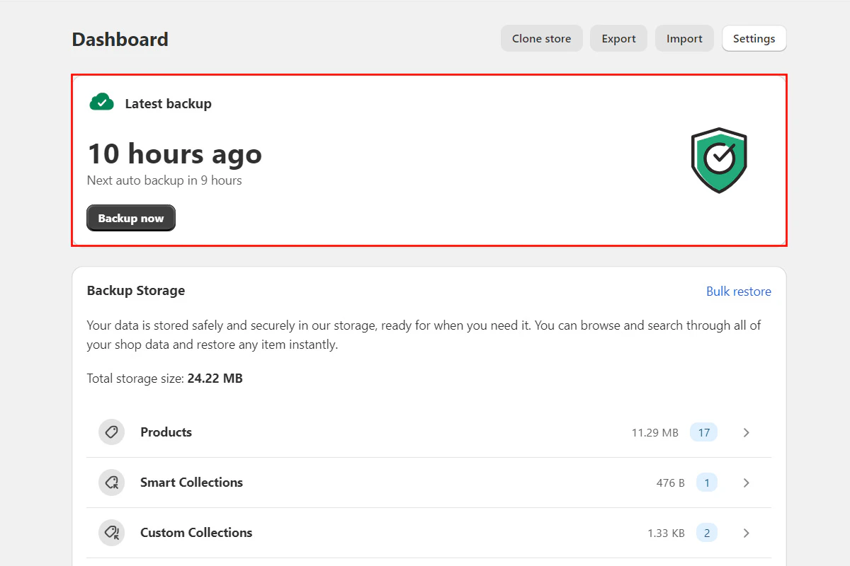 Dashboard showing latest backup time and next auto backup countdown