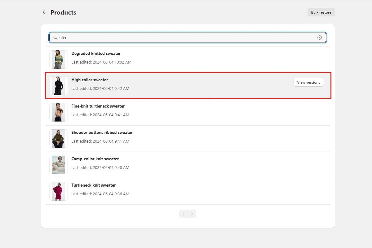 Selecting a product from the backed-up items list