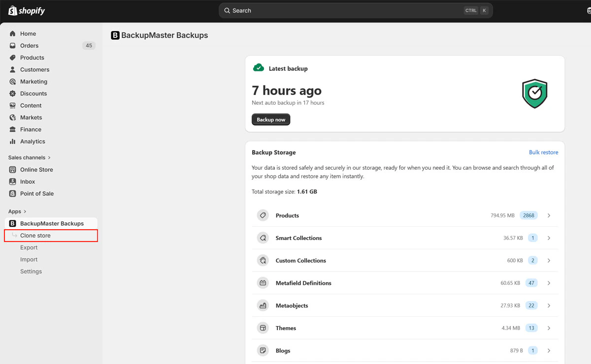 Clone store button on the BackupMaster dashboard