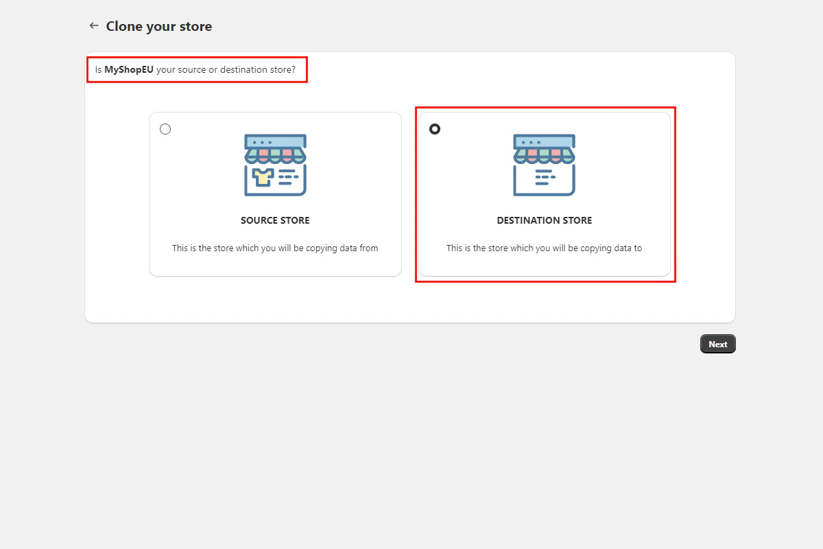 Confirm destination store screen