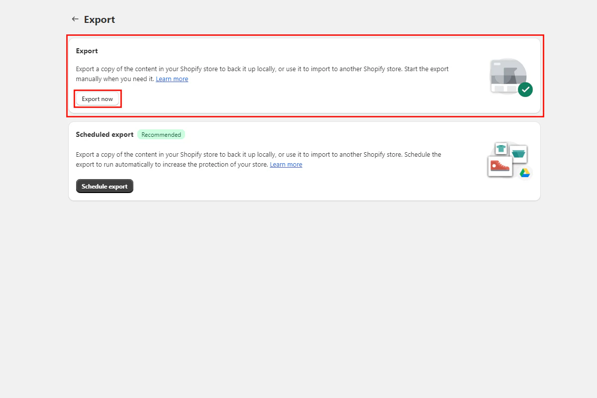 Export now option in the export menu