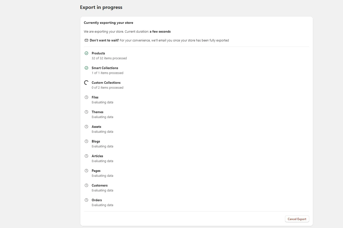 Export progress indicator on the dashboard