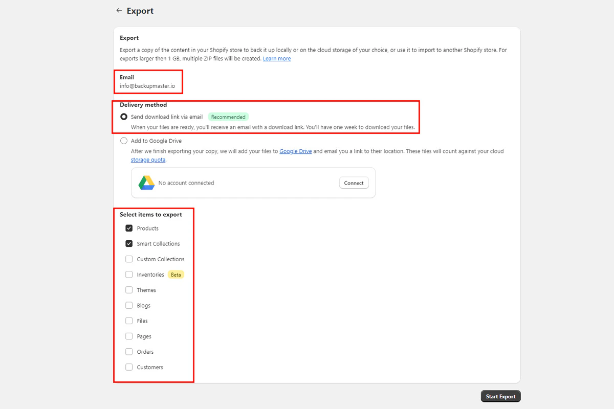 Export settings with email download option