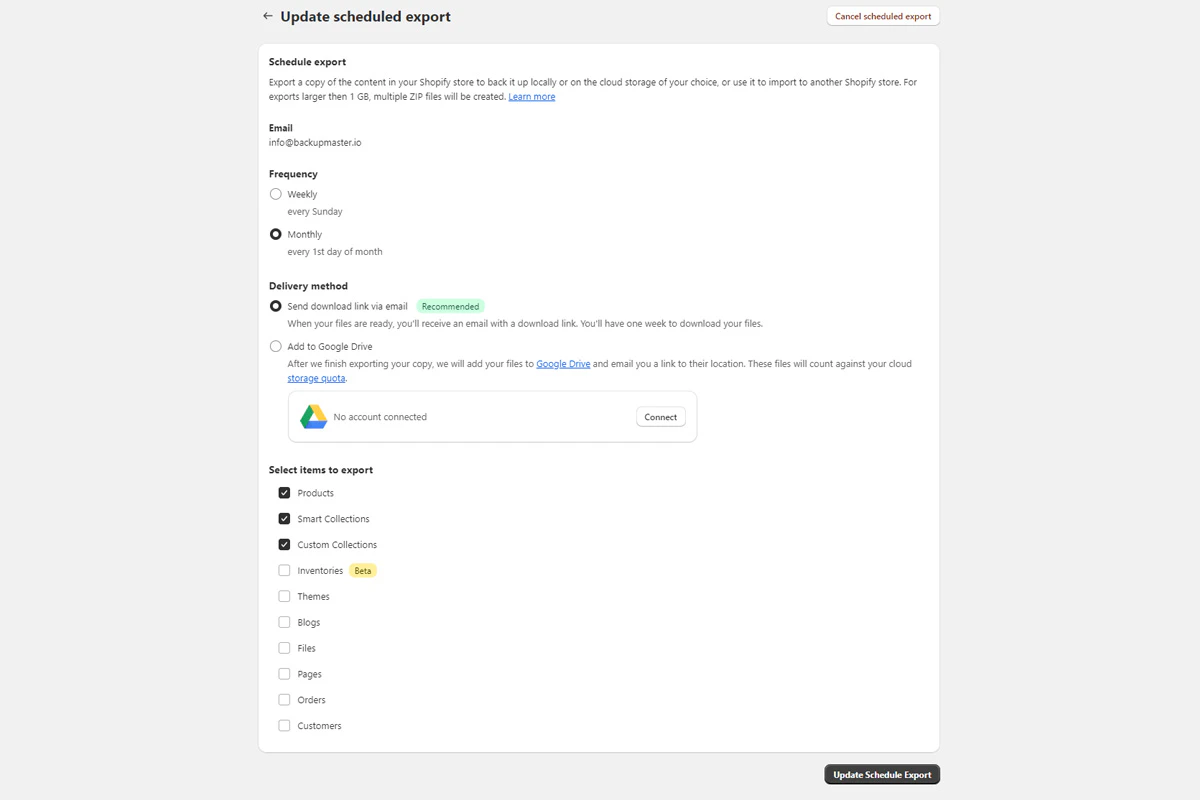 Scheduled export settings for frequency and delivery method