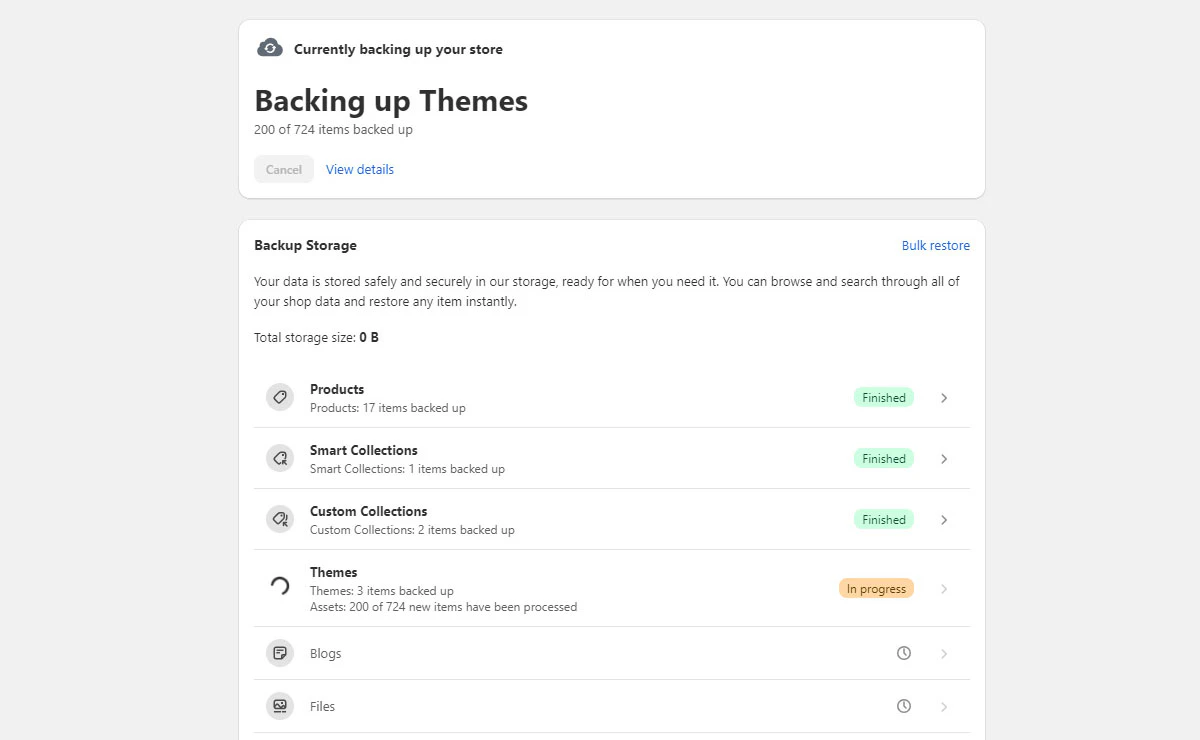 Initial backup progress indicator on the BackupMaster dashboard