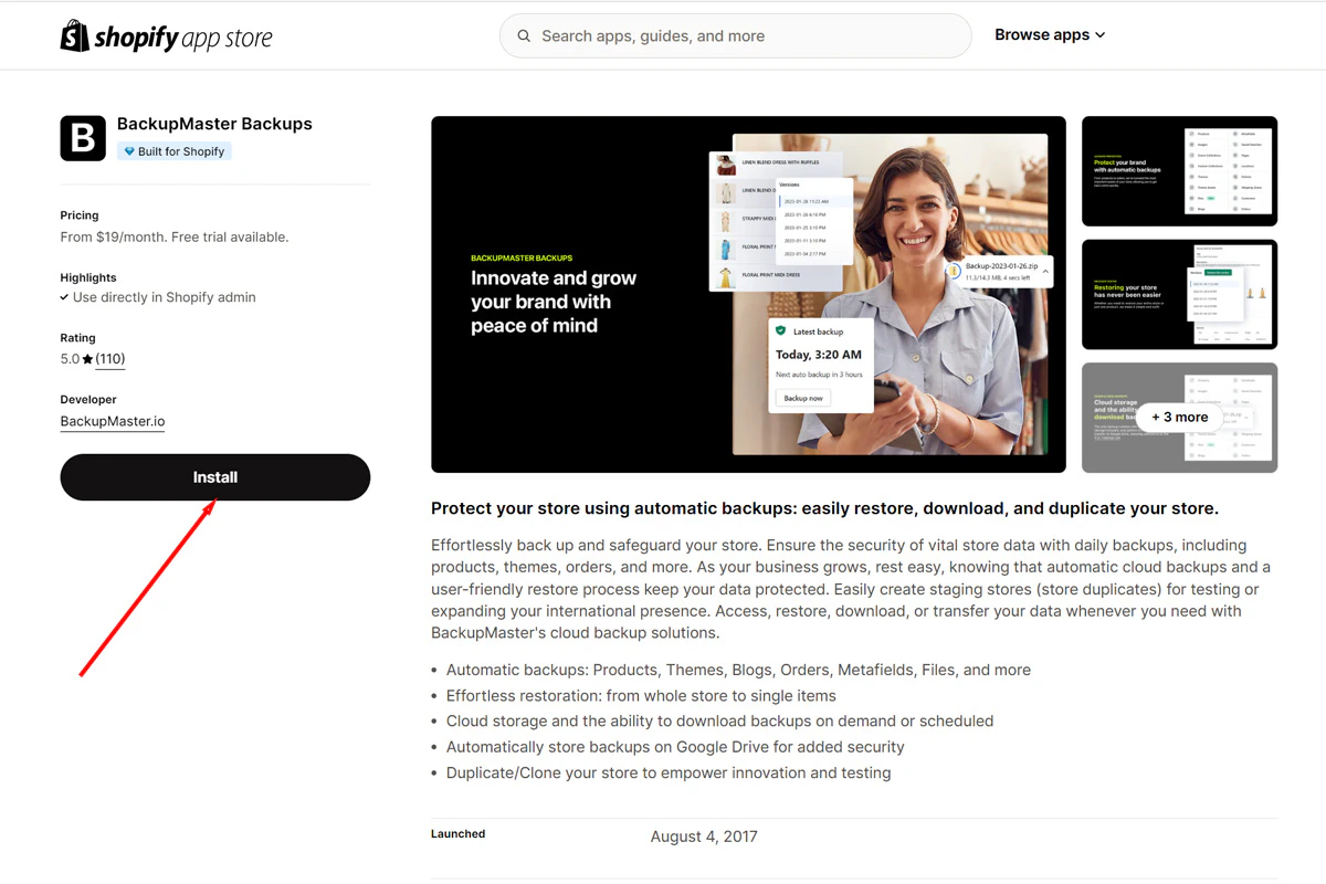 BackupMaster listing in the Shopify App Store