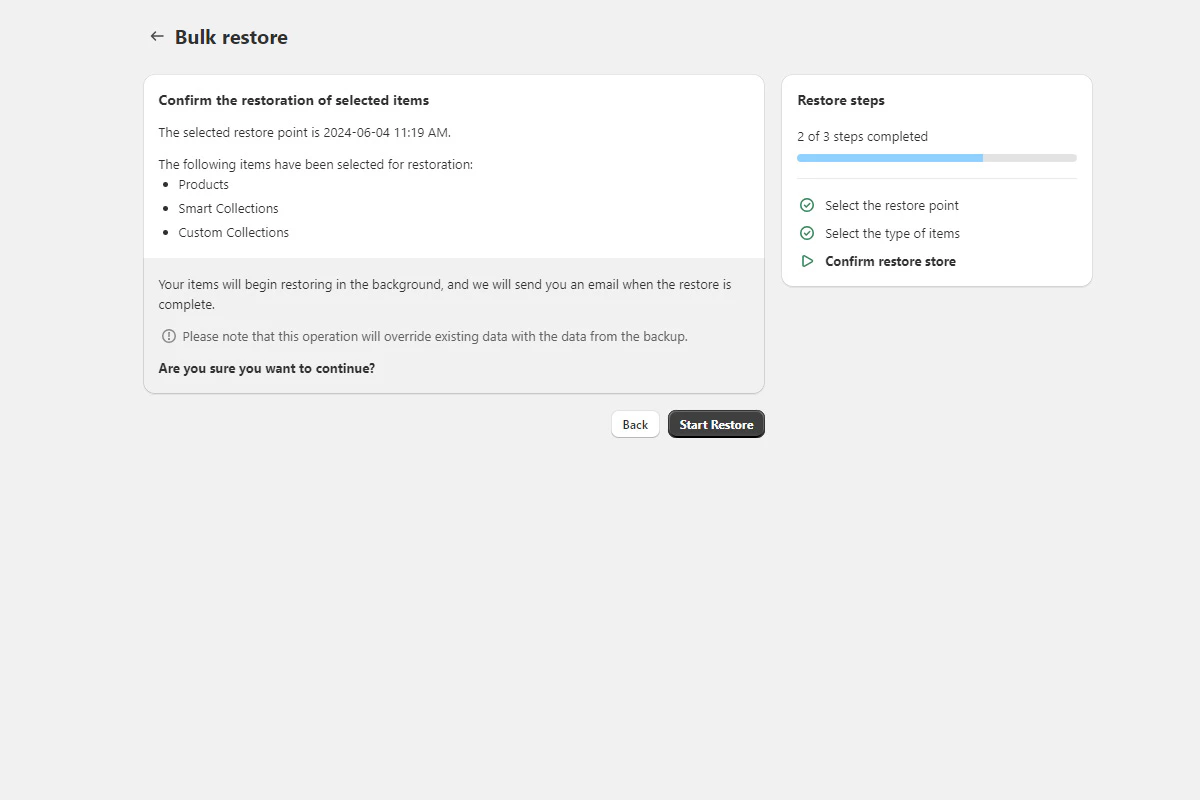 Confirm and start the bulk restore process