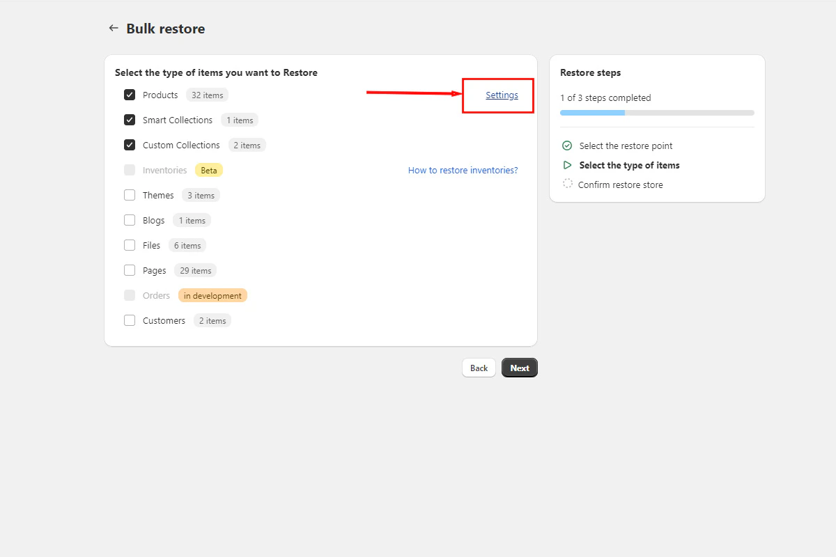 Selecting specific product fields for bulk restore