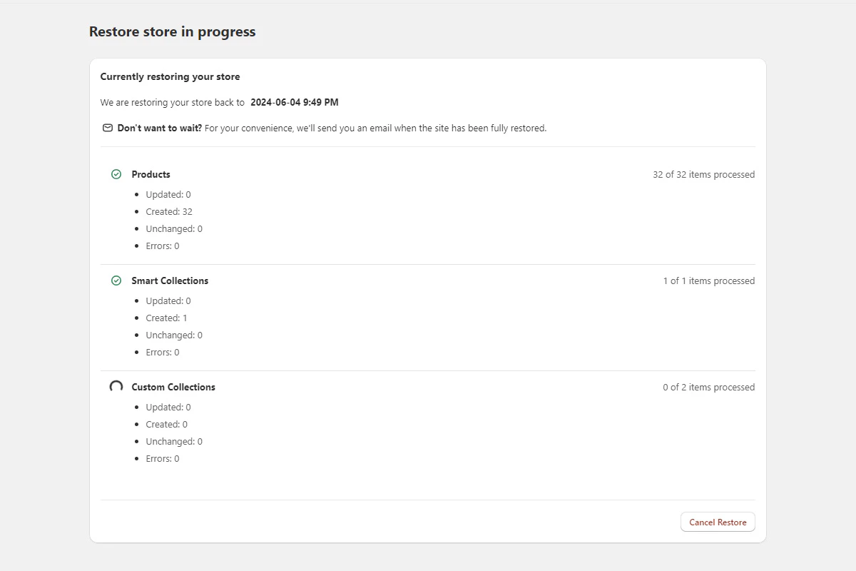 Bulk restore progress indicator