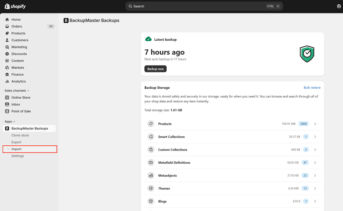 Import button on the BackupMaster dashboard