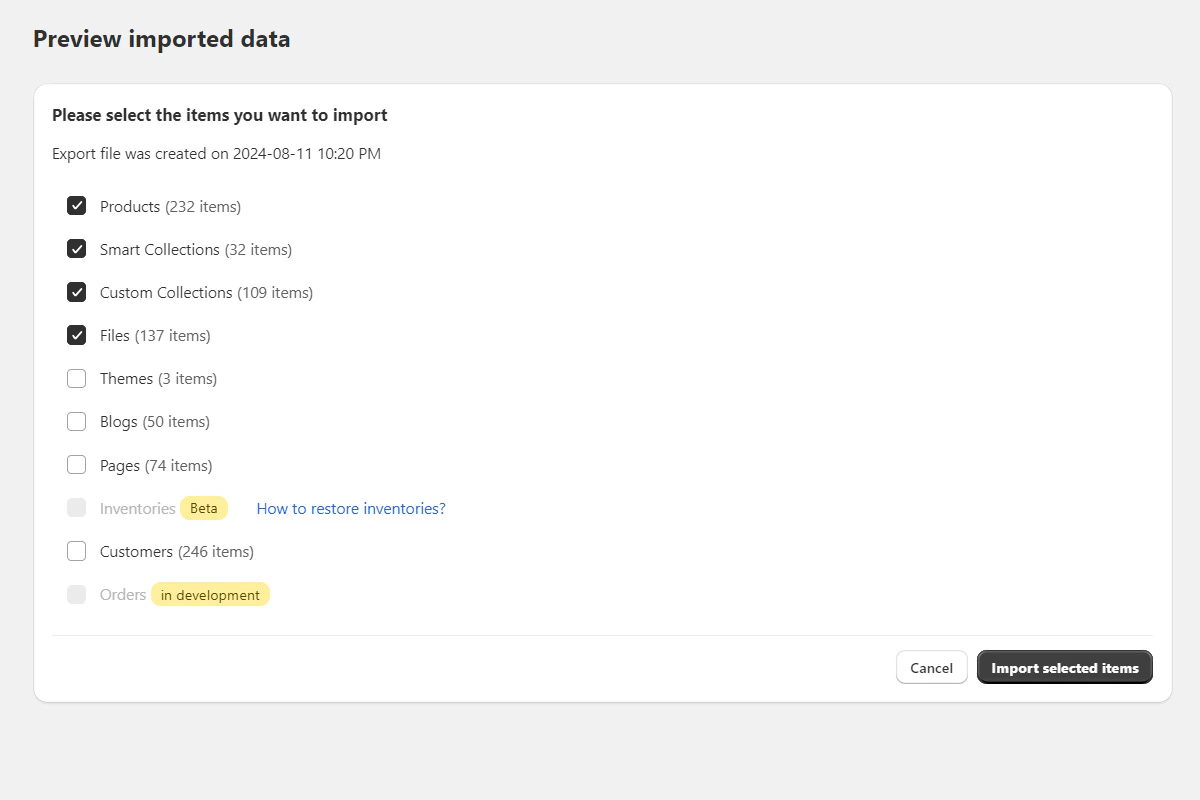 Selecting categories to import from the ZIP file