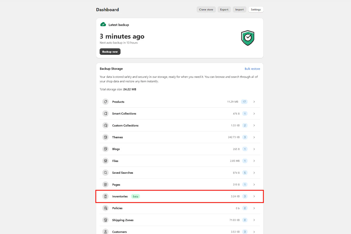 Inventory backup section in backup storage