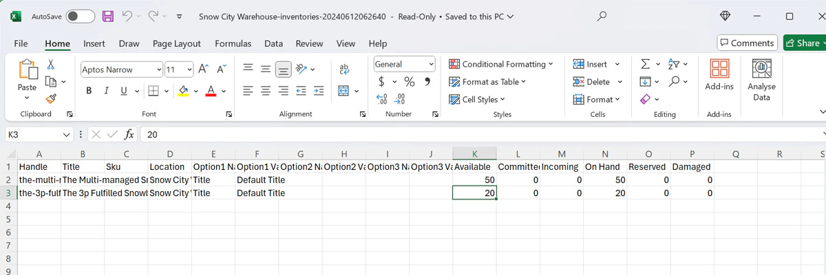 Download CSV button for inventory data