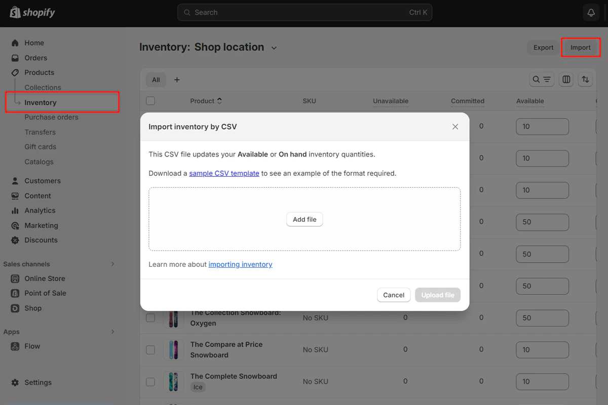 Importing inventory CSV file into Shopify