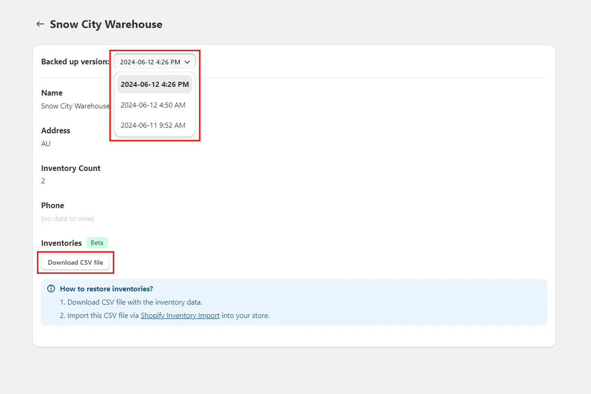 Selecting an inventory version to restore