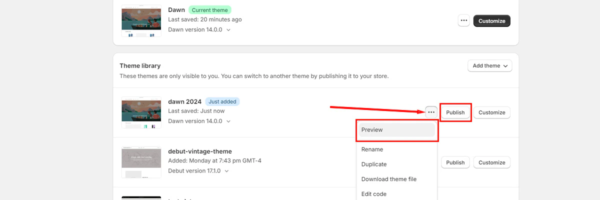 Preview and publish the restored theme