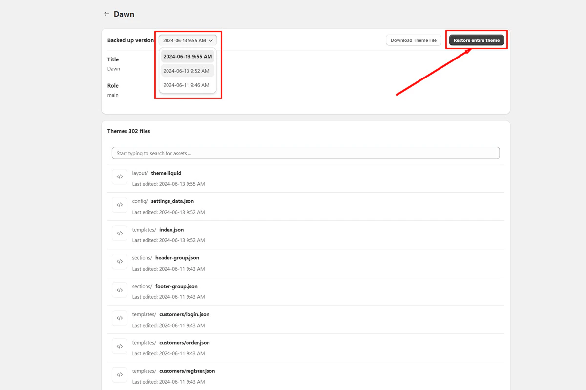 Restore entire theme button