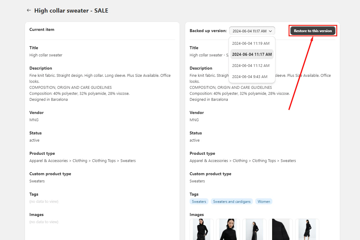 Restore product button to initiate restoration
