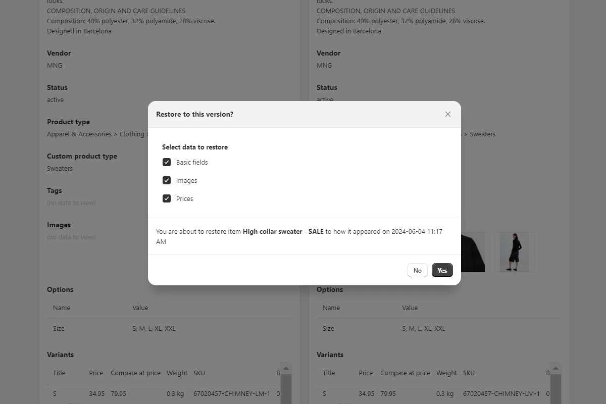 Selecting specific fields to restore for a product