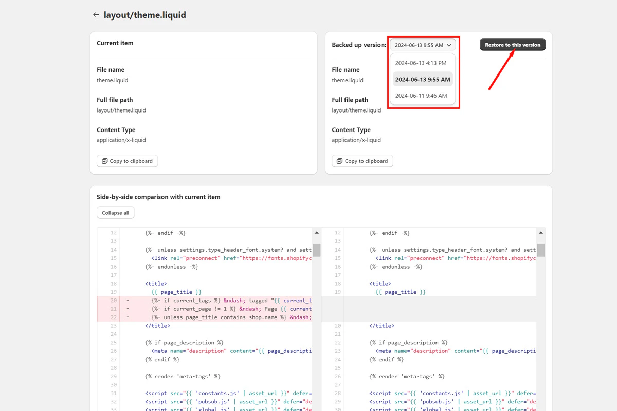 Comparing theme asset versions with highlighted differences