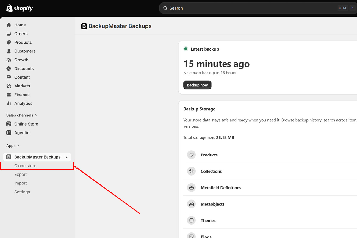 Clone store button on the BackupMaster dashboard