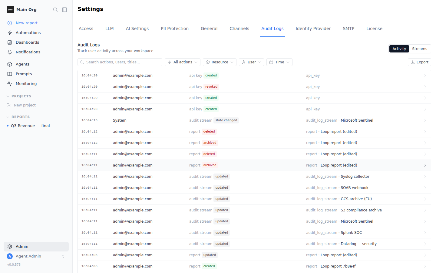 Audit Logs activity view