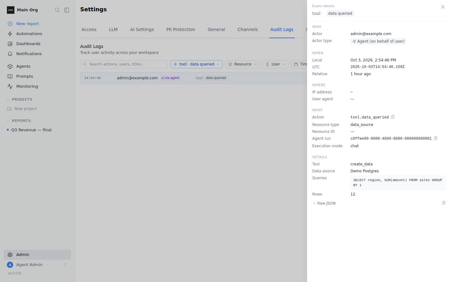 Audit event details for an agent tool call