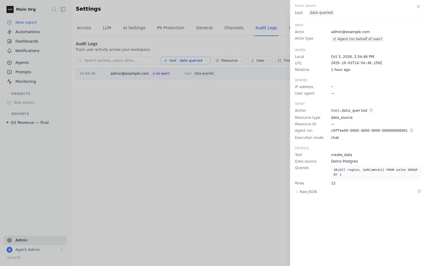Audit event details for an agent tool call
