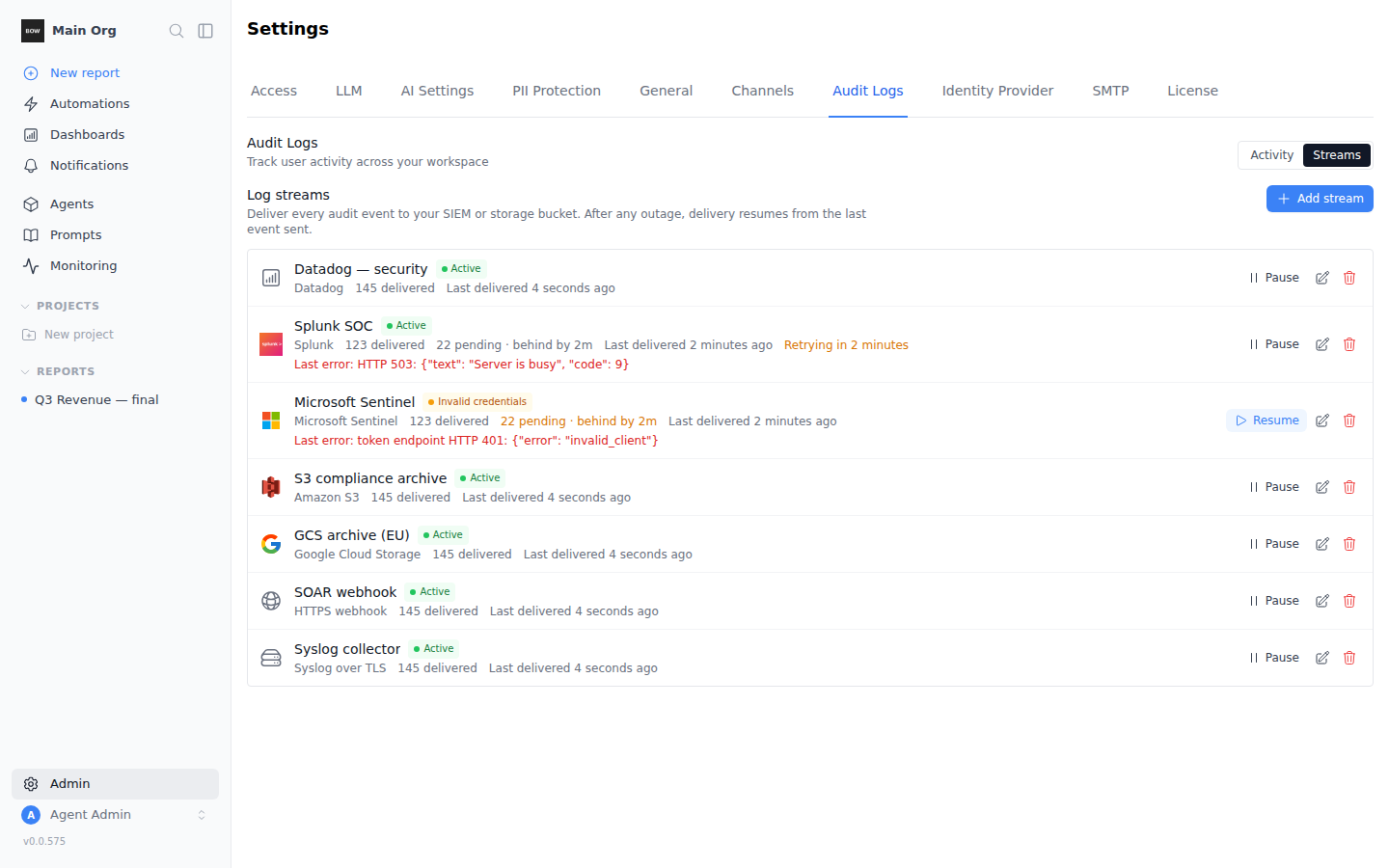 Log streams with their delivery status