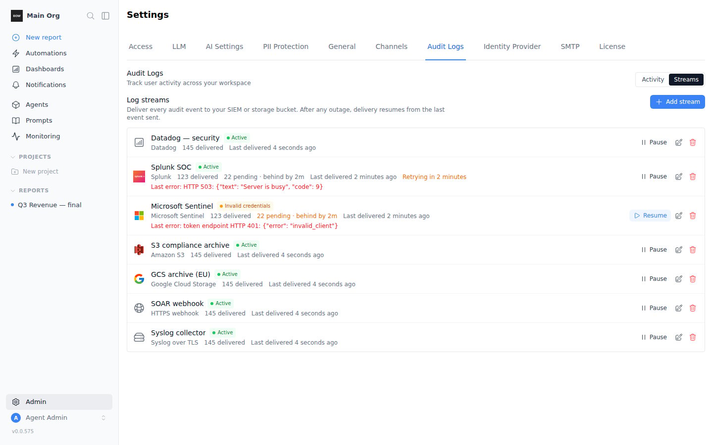 Log streams with their delivery status