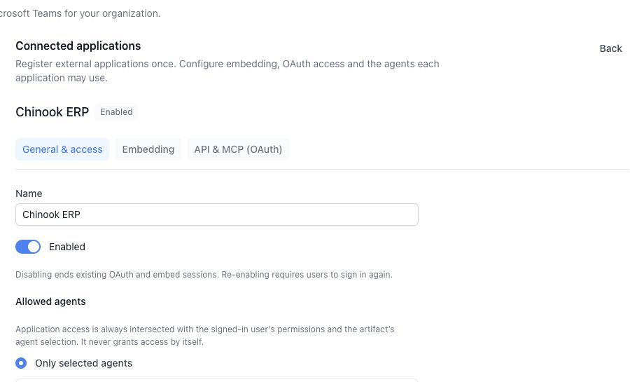 Chinook ERP application with General and access selected and Music Store allowed