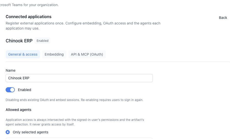 Chinook ERP application with General and access selected and Music Store allowed