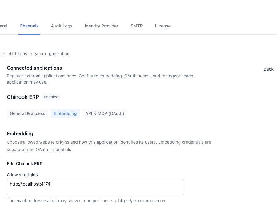 Embedding settings showing allowed origins and the three sign-in choices