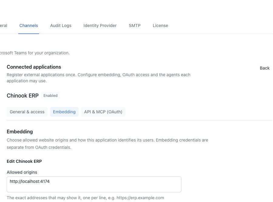 Embedding settings showing allowed origins and the three sign-in choices