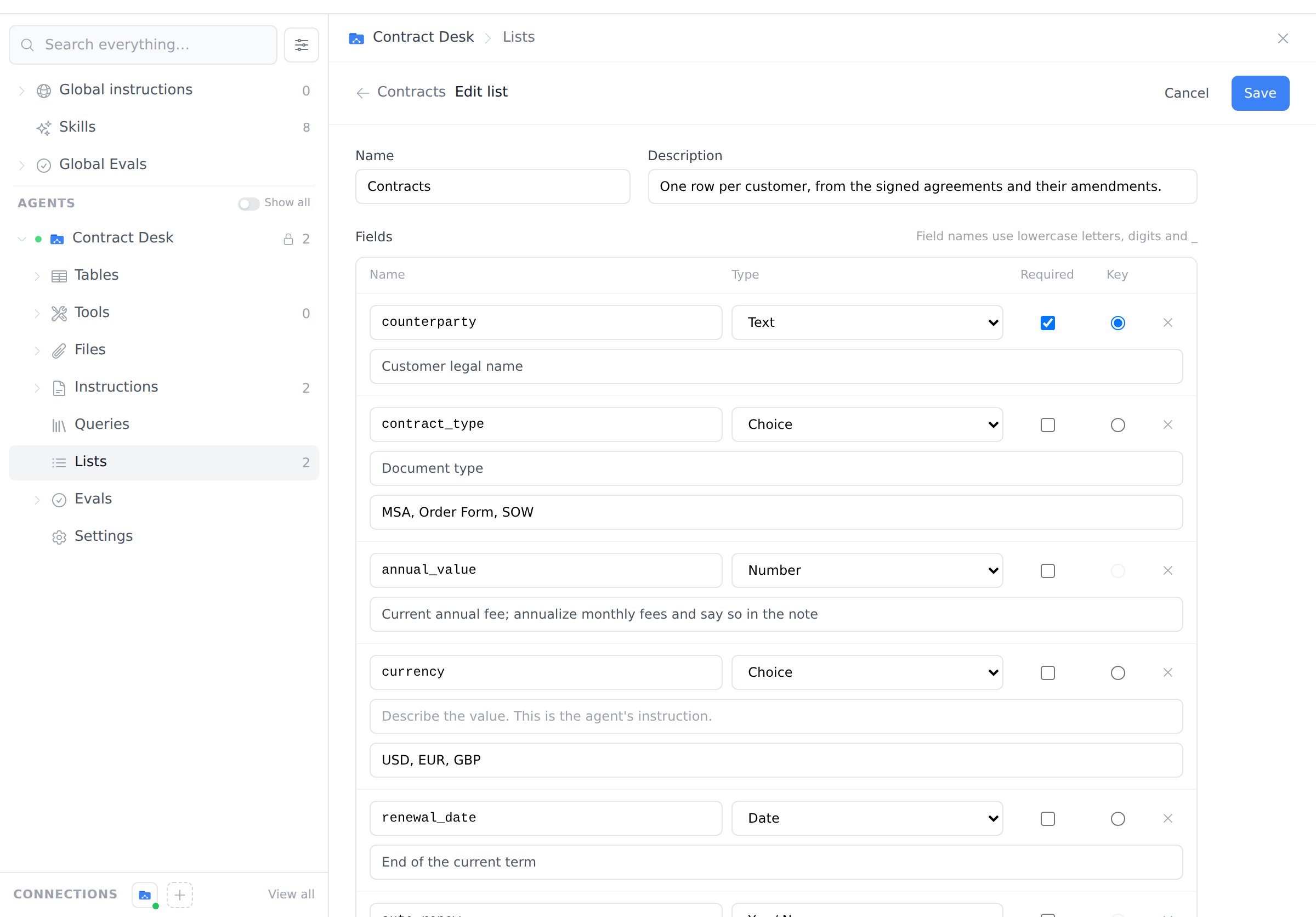 Editing the fields of the Contracts list