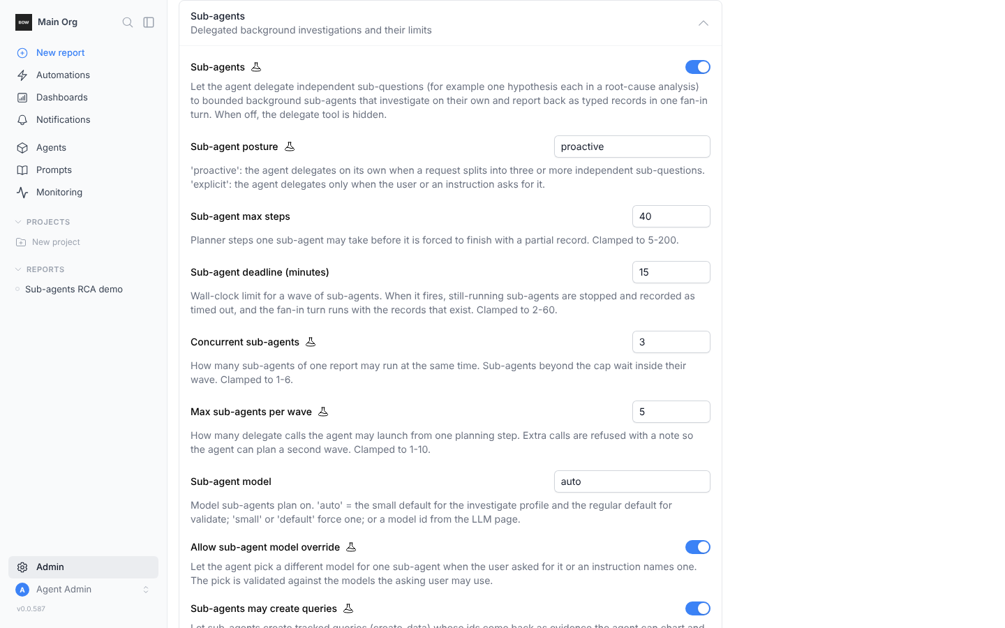 The Sub-agents section of AI Settings