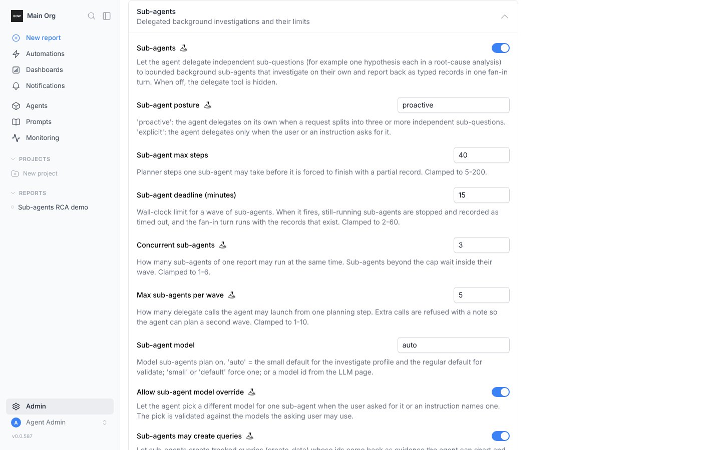 The Sub-agents section of AI Settings