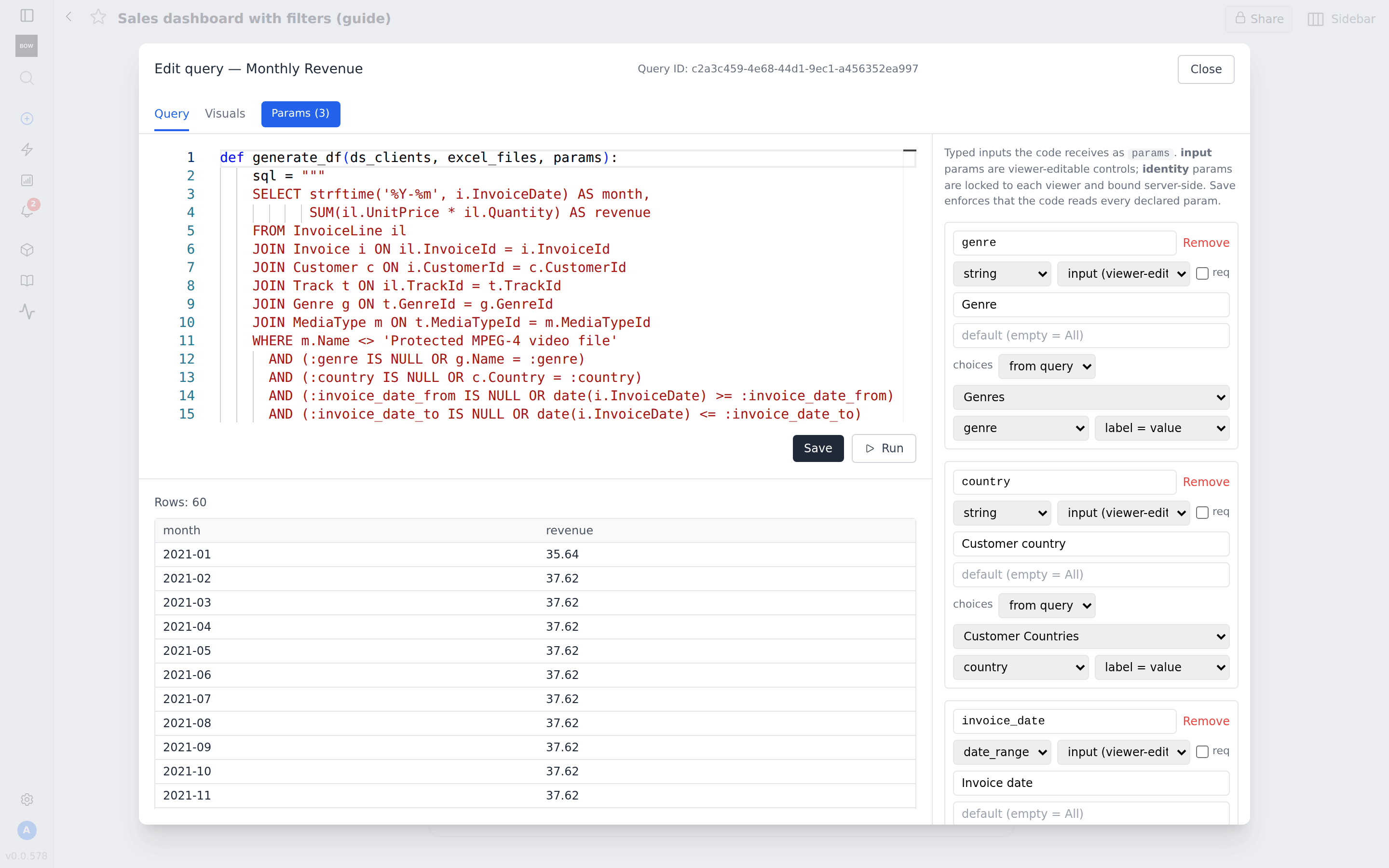 The Params panel next to the query code