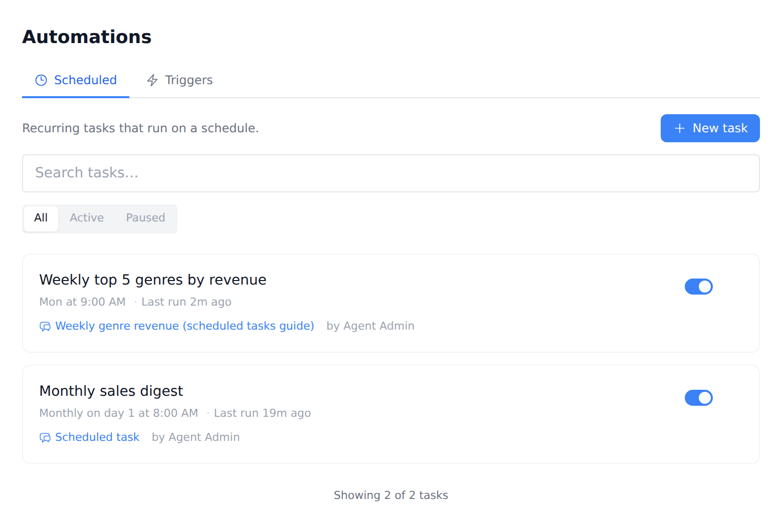 Scheduled tasks on the Automations page