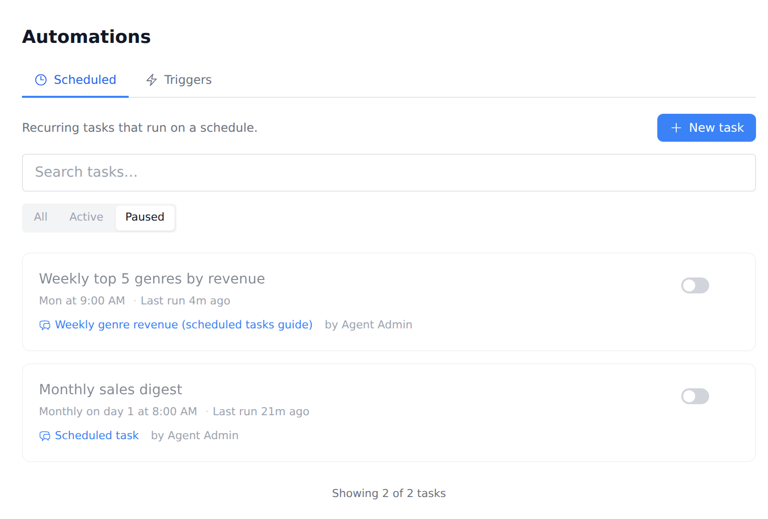 Paused tasks on the Automations page