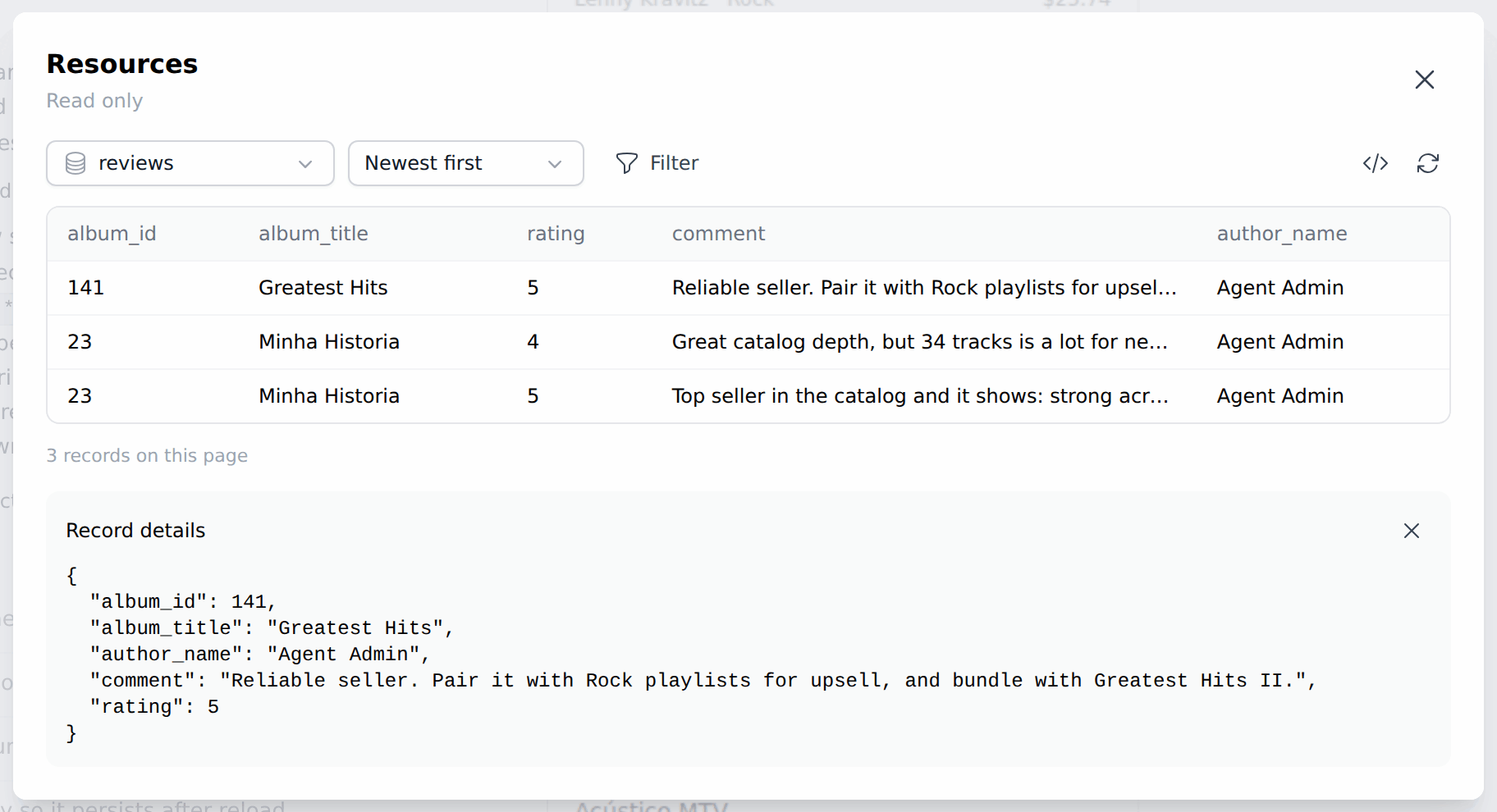 The Resources explorer with the saved reviews