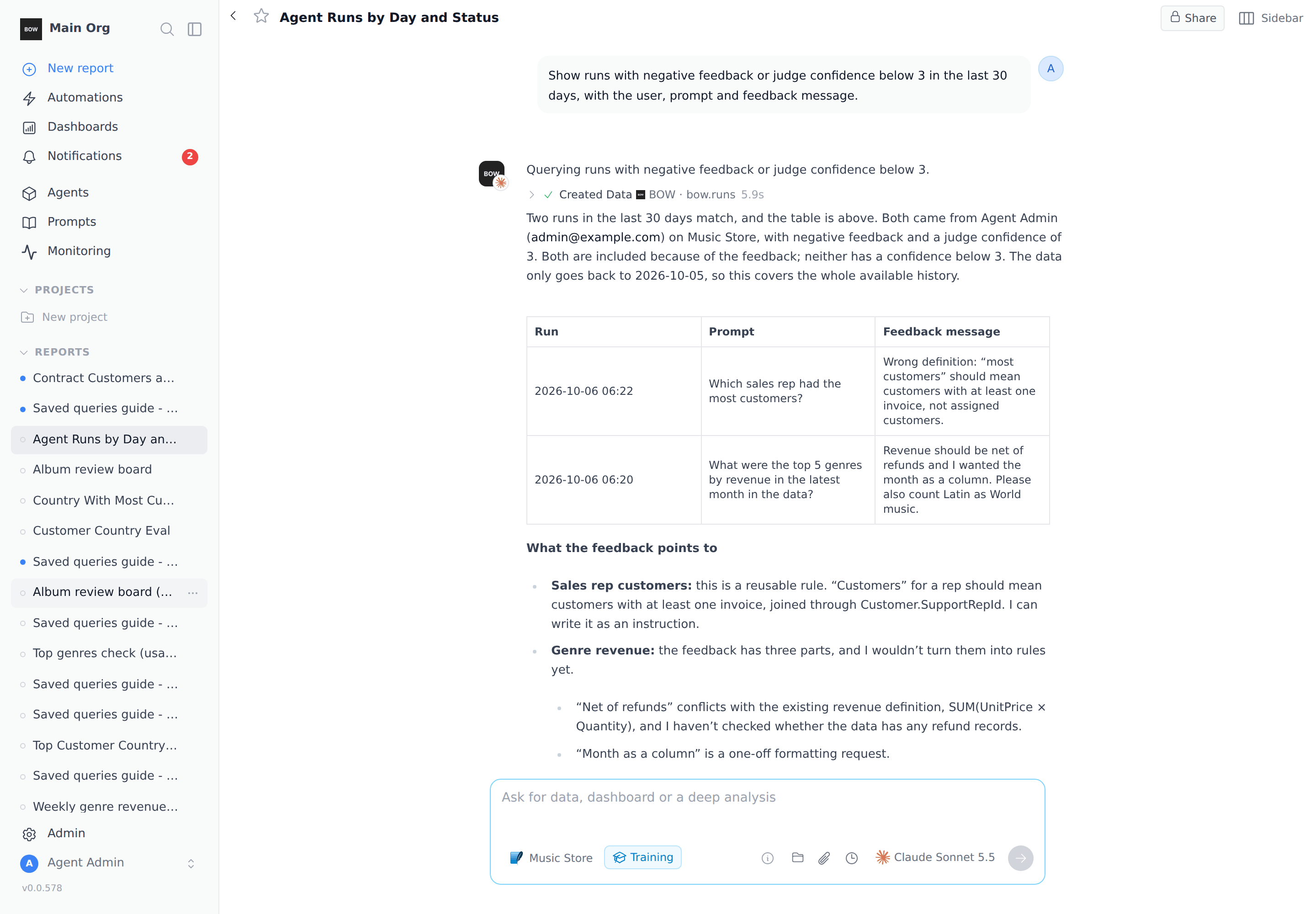 Runs with negative feedback and the users' comments