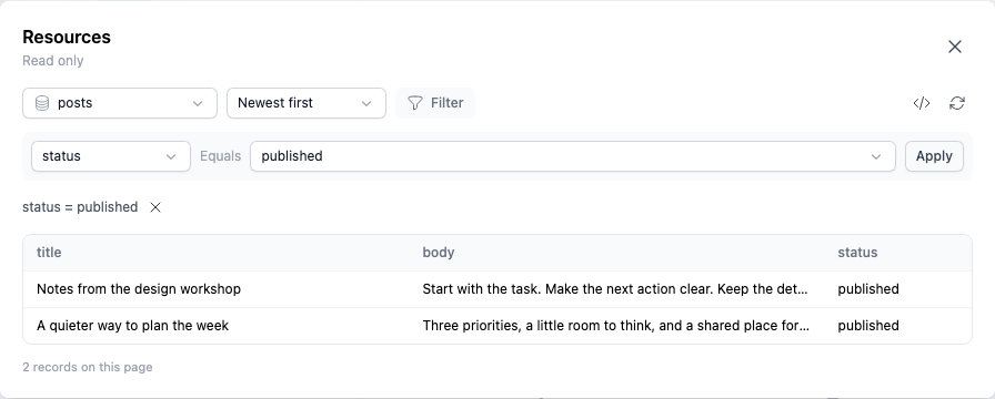 Resources showing only published posts after applying a status filter