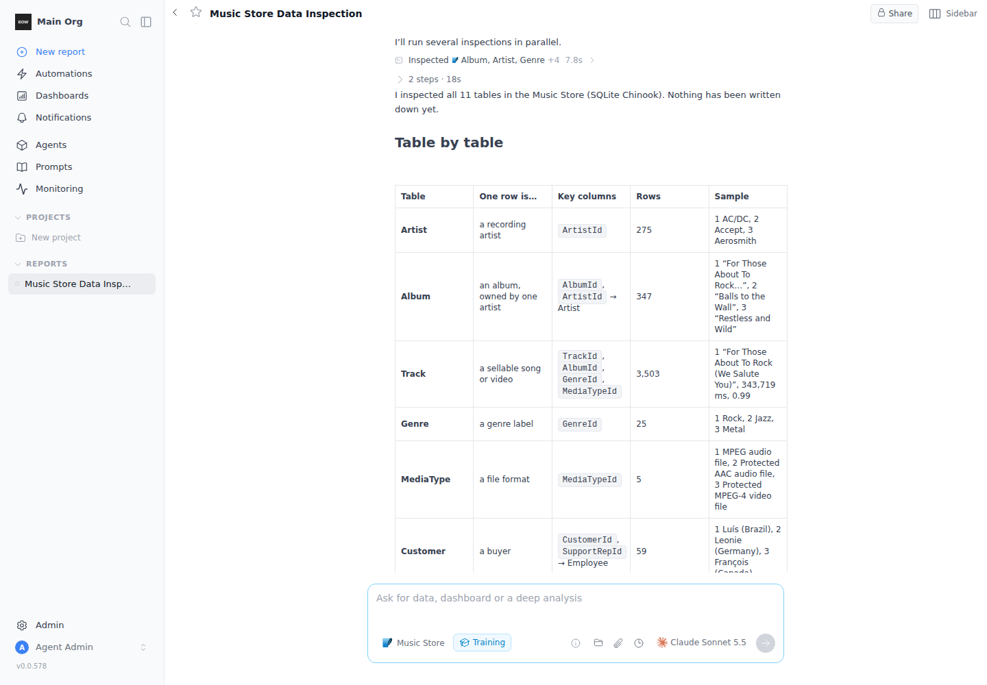 The agent's table-by-table summary with sample rows