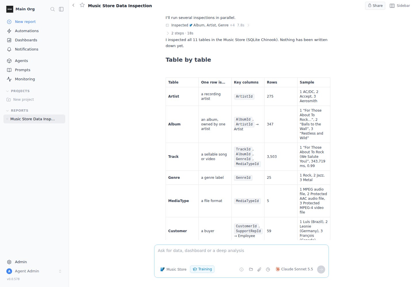 The agent's table-by-table summary with sample rows