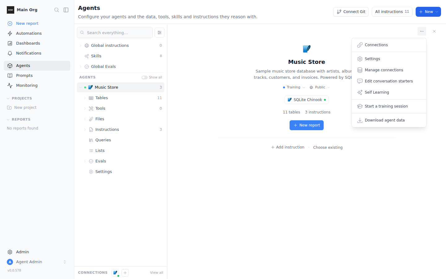Start a training session from the agent menu