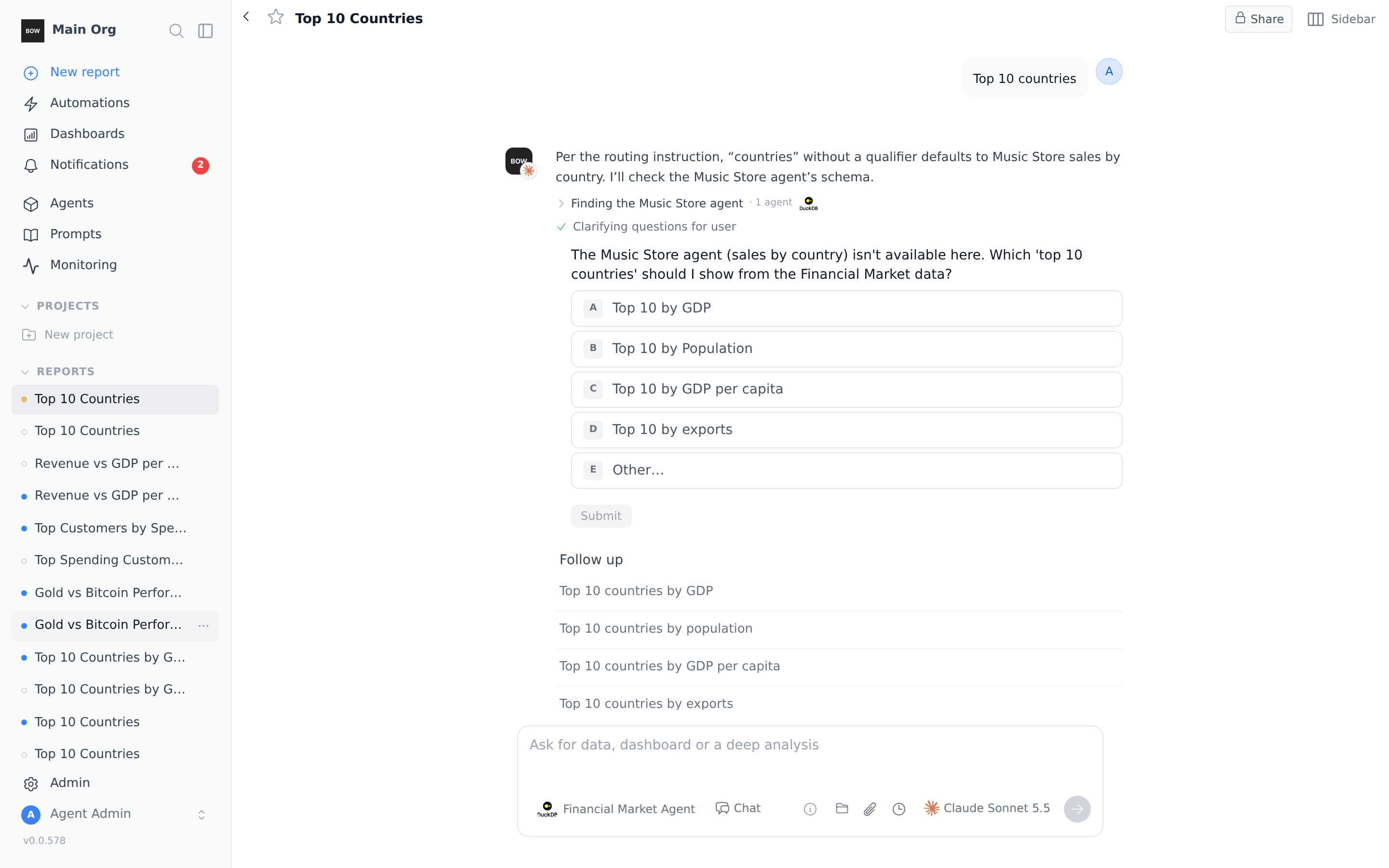 With one agent picked, BOW asks a clarifying question instead of switching agents