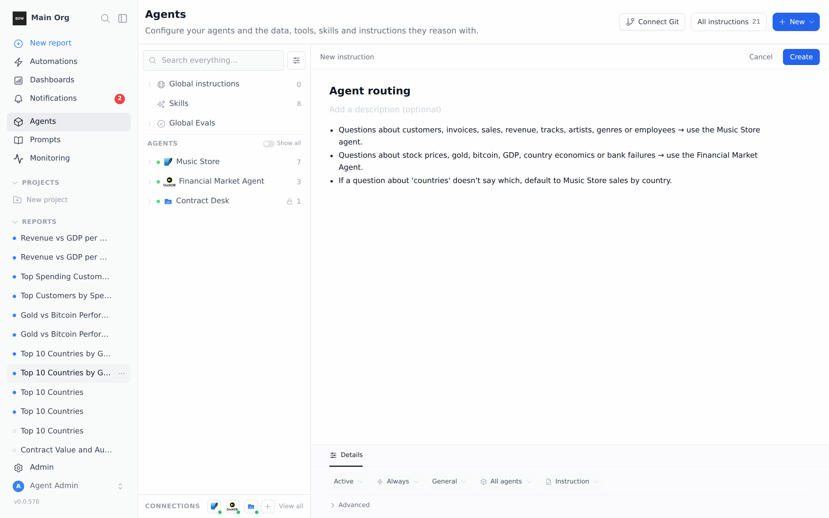 The new global routing instruction, set to Active, Always and All agents